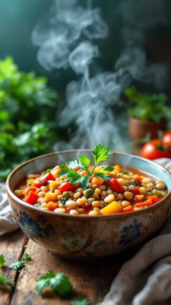 A bowl of lentil and vegetable soup topped with fresh parsley.