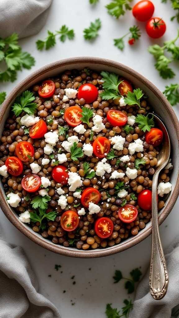 A colorful lentil salad with cherry tomatoes, feta cheese, and herbs.