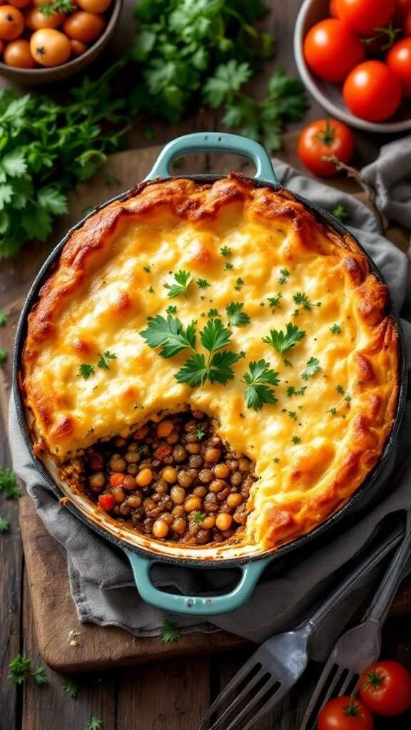 A hearty vegetarian Lentil Shepherd's Pie topped with creamy mashed potatoes.