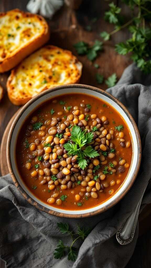 A bowl of lentil soup garnished with parsley and a side of garlic bread