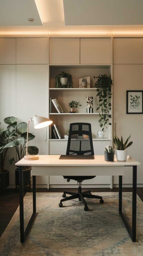 A modern home office with focused lighting from a desk lamp and ambient light