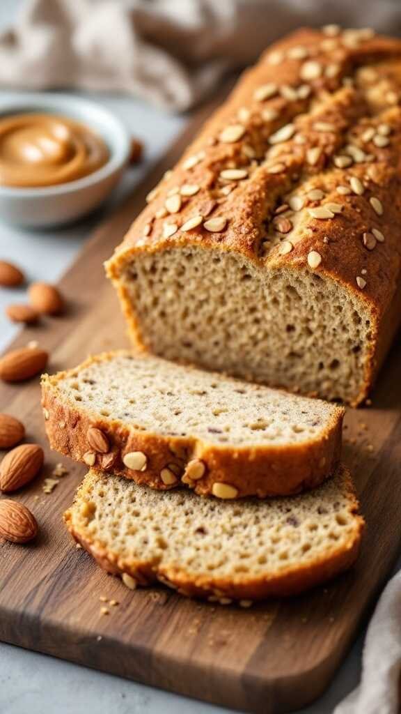 A loaf of almond butter bread with slices cut and topped with almonds.