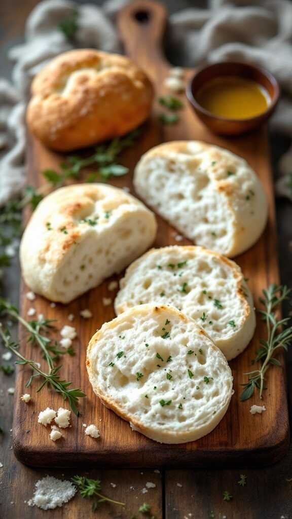Low-carb cloud bread on a wooden board with fresh herbs and olive oil.