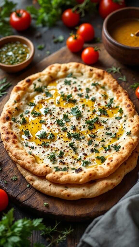 Deliciously cooked low-carb flatbread with herbs and olive oil