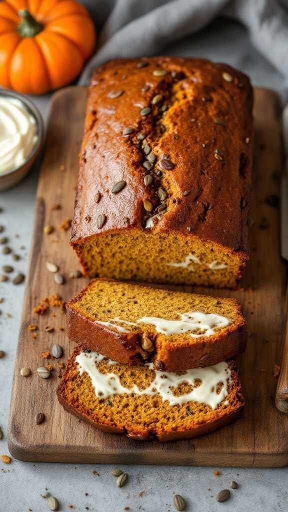 A loaf of delicious pumpkin bread sliced and spread with cream cheese.