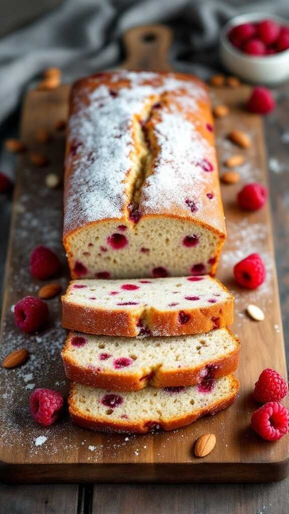 A loaf of raspberry almond bread sliced and garnished with raspberries and almonds.