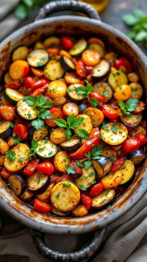 A colorful dish of low-carb ratatouille featuring sliced zucchini, diced eggplant, and cherry tomatoes.