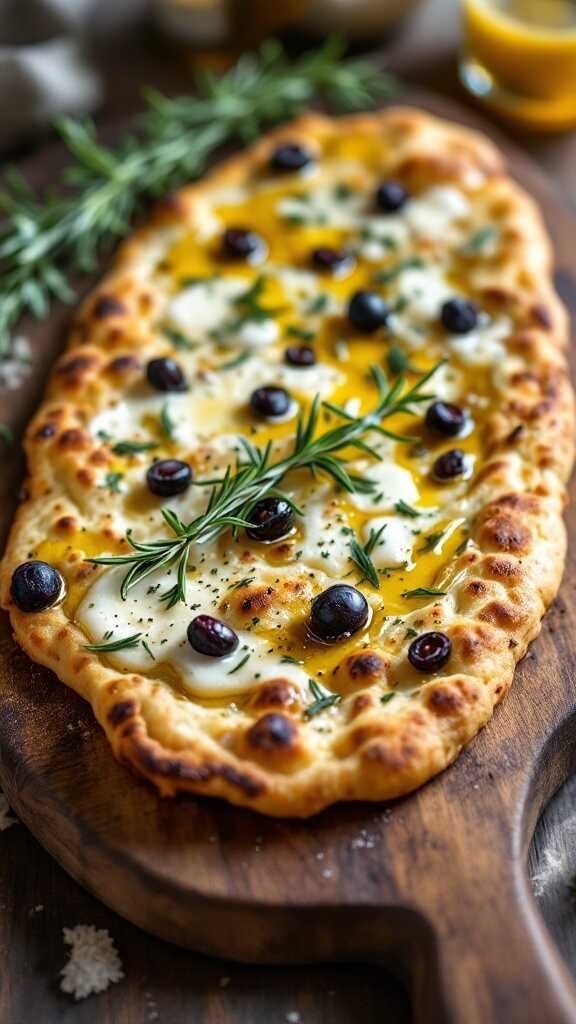 Low-Carb Rosemary and Olive Flatbread on a wooden board