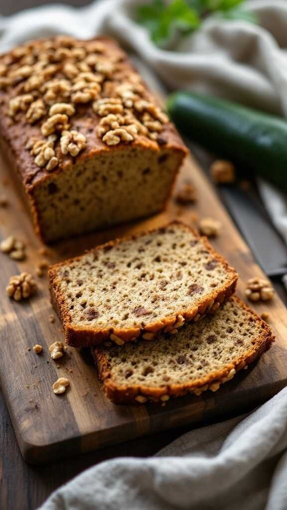 Low-carb zucchini walnut bread with sliced pieces on a wooden board