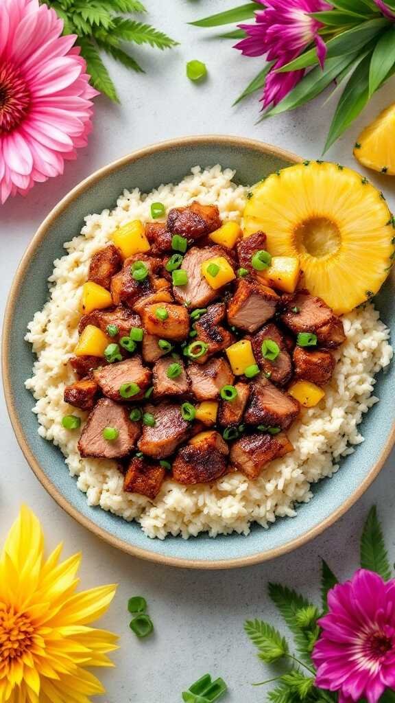 A bowl of Luau Pork with Cauliflower Rice garnished with green onions and pineapple.