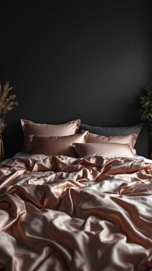 Luxurious bedding with soft satin sheets and dark walls, creating a cozy and moody atmosphere.