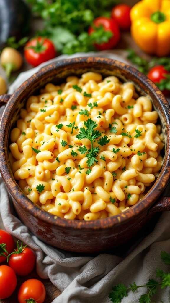 A delicious bowl of vegan mac and cheese made with cashew sauce.