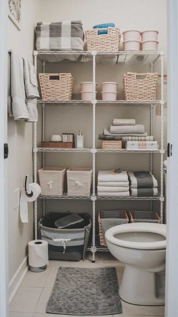 A modern small bathroom with organized shelves, natural materials, and plants for a clutter-free look.