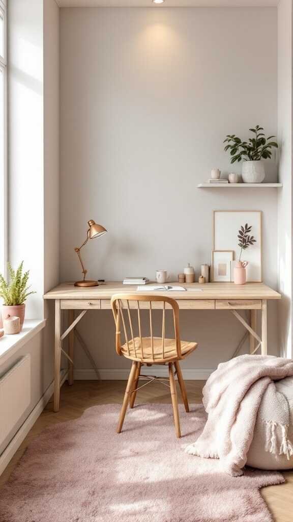 A feminine home office setup in a small corner with a wooden desk, chair, and plants.