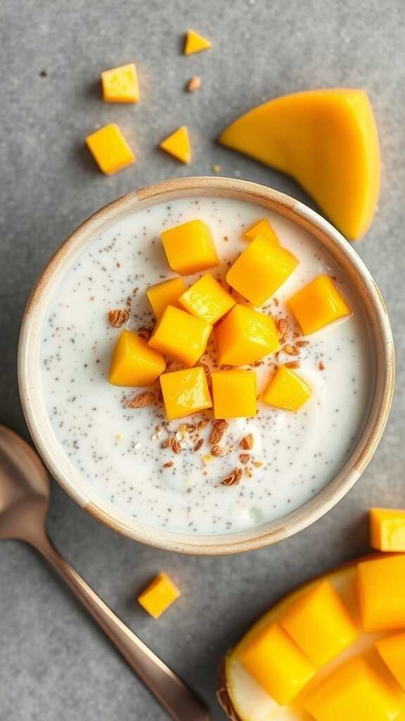 A bowl of mango coconut chia pudding topped with diced mango.