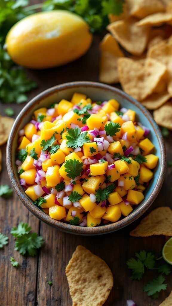 A bowl of fresh mango salsa with cilantro, red onion, and tortilla chips.