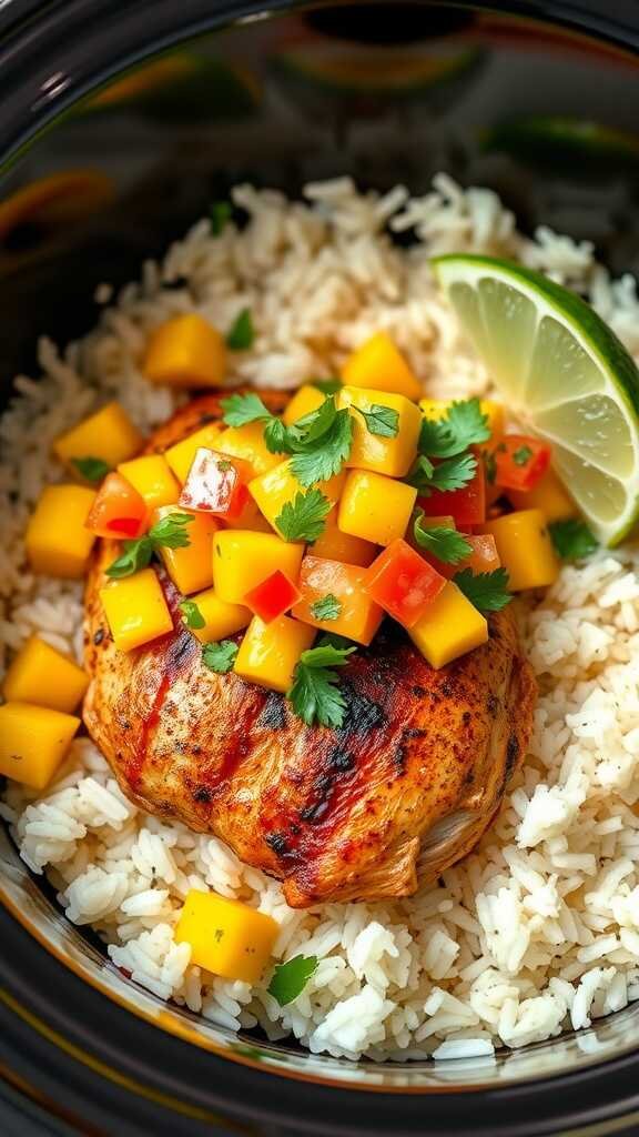 Crockpot chicken with mango salsa served on a bed of rice