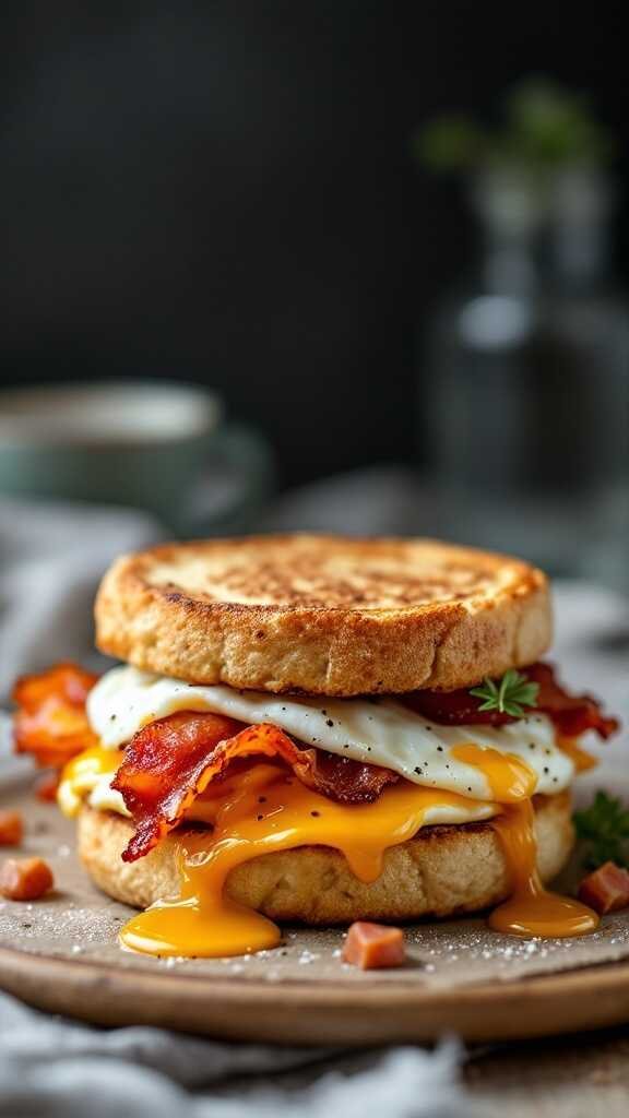 Maple Bacon and Egg Breakfast Sandwich on a wooden plate