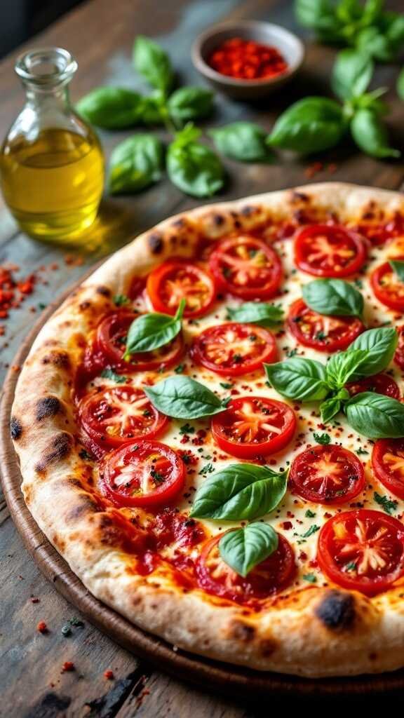 Margherita pizza with fresh basil and tomatoes