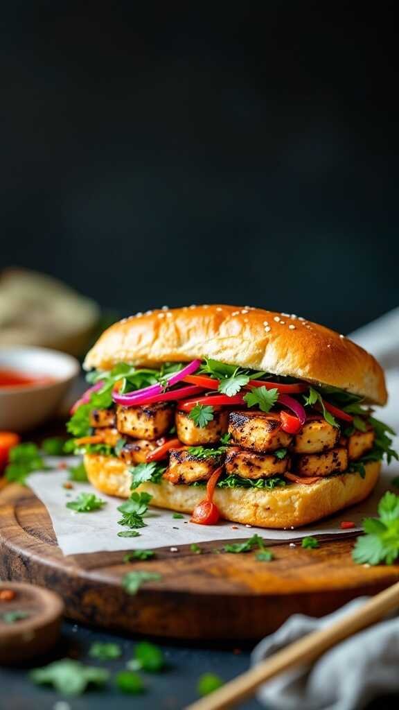 A delicious grilled tofu bánh mì sandwich filled with fresh vegetables and herbs.