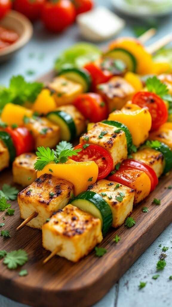 Delicious marinated tofu skewers with colorful vegetables