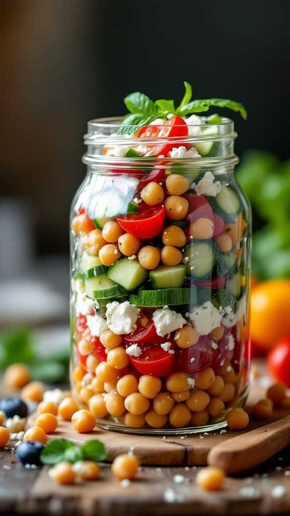 Mason jar filled with layers of Greek salad ingredients including chickpeas, tomatoes, cucumber, and feta cheese.