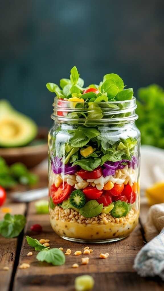 A colorful layered mason jar salad with various vegetables and greens.