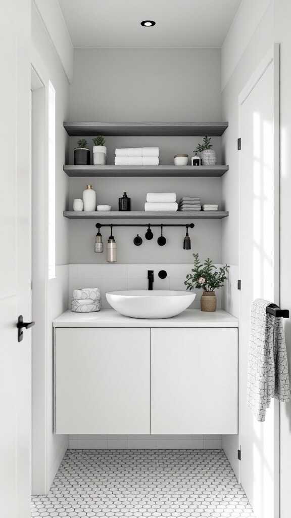 A modern small bathroom featuring open shelves with towels and decorative items, a sleek cabinet underneath the sink, and hexagon tiled flooring.