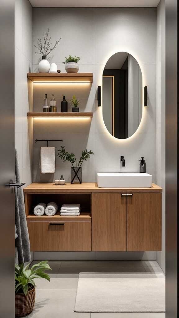 A modern small bathroom featuring wooden storage solutions, floating shelves, and stylish decor.