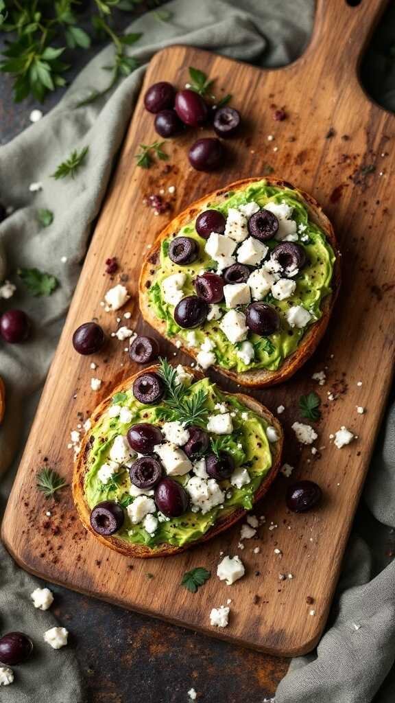 Mediterranean Avocado Toast with olives and feta cheese on wooden board