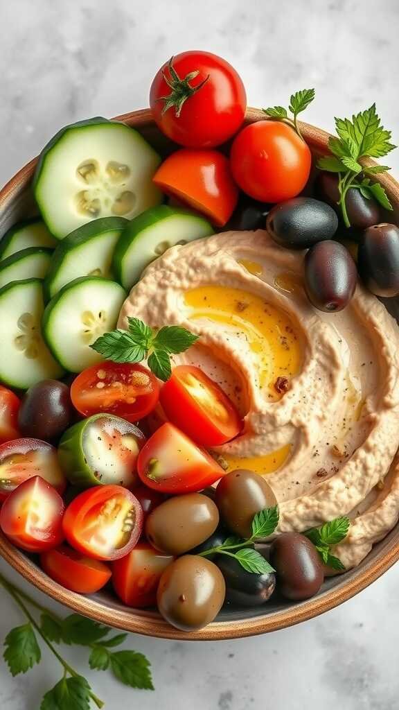 A colorful Mediterranean breakfast bowl featuring hummus, cherry tomatoes, cucumber slices, olives, and fresh herbs.