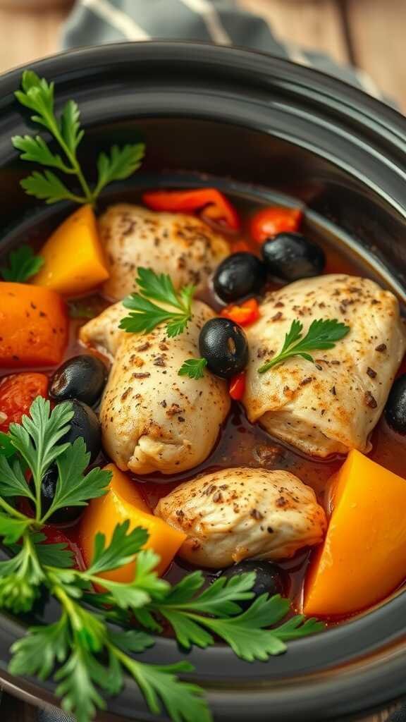 A delicious slow-cooked Mediterranean chicken dish with olives, colorful vegetables, and herbs.