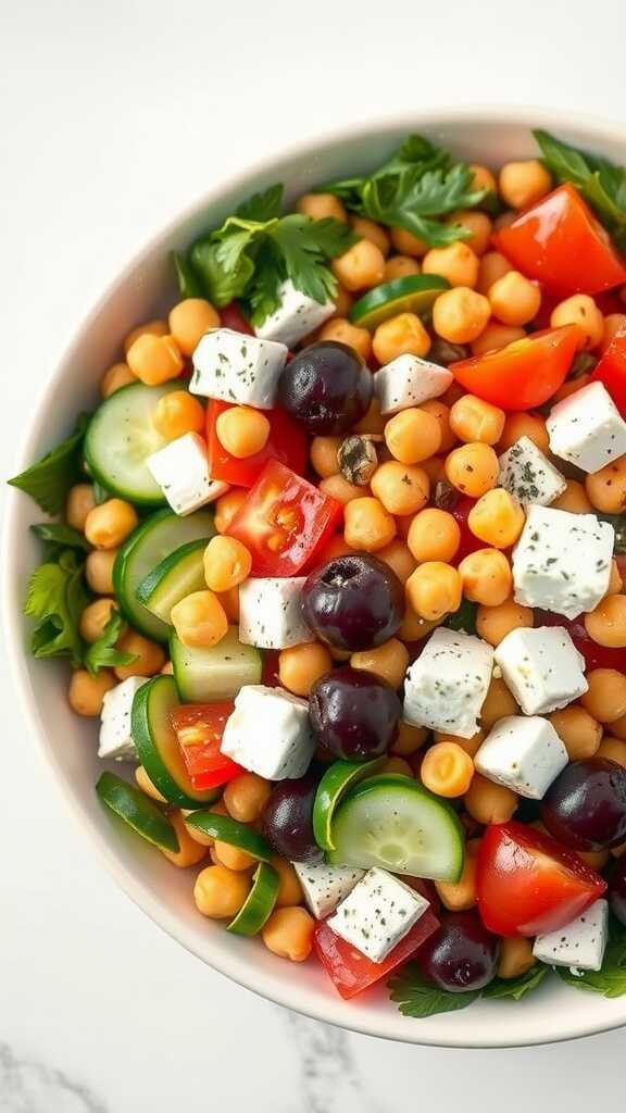 A bowl of Mediterranean Chickpea Salad featuring chickpeas, tomatoes, cucumber, bell pepper, feta cheese, and olives.