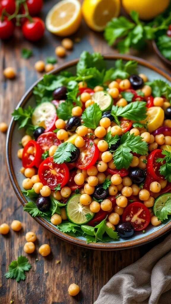 A colorful Mediterranean Chickpea Salad with fresh vegetables and herbs.