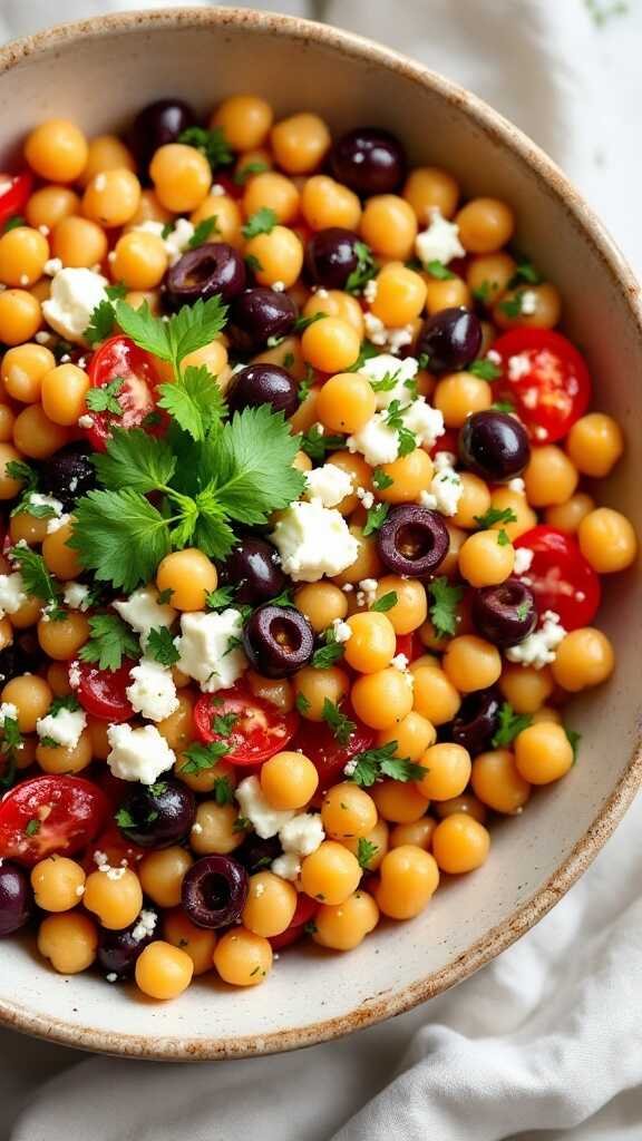 A vibrant Mediterranean Chickpea Salad with chickpeas, tomatoes, olives, feta cheese, and parsley.