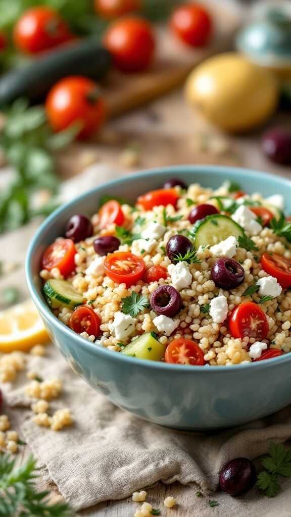 A vibrant Mediterranean Couscous Salad with cucumbers, cherry tomatoes, olives, and feta cheese.