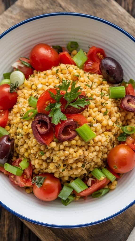 A vibrant bowl of Mediterranean couscous with assorted vegetables, showcasing cherry tomatoes, bell peppers, and olives.