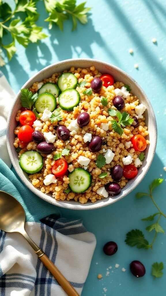 A colorful Mediterranean grain bowl with couscous, cherry tomatoes, cucumbers, olives, and feta cheese.