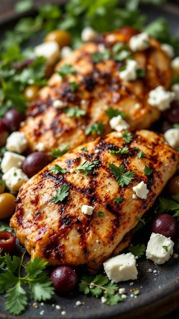 Grilled chicken breasts with herbs and feta cheese on a plate