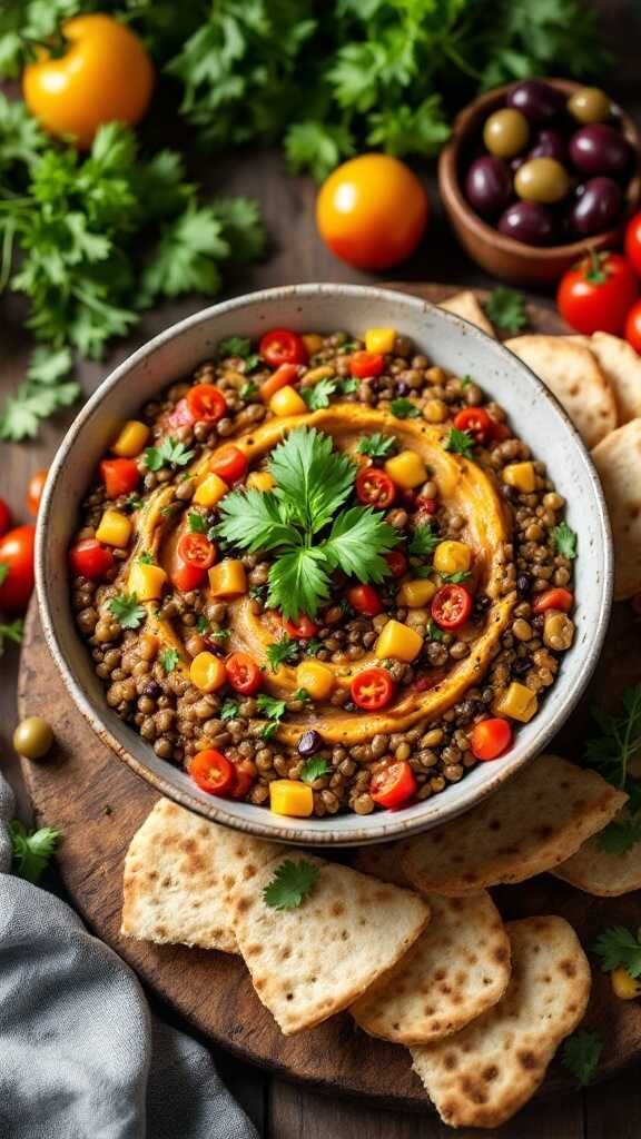 Mediterranean Lentil Dip served with pita chips and garnished with fresh herbs.