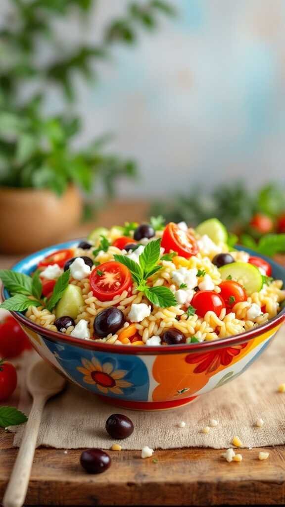 A colorful bowl of Mediterranean Orzo Salad with tomatoes, cucumber, olives, and feta cheese.