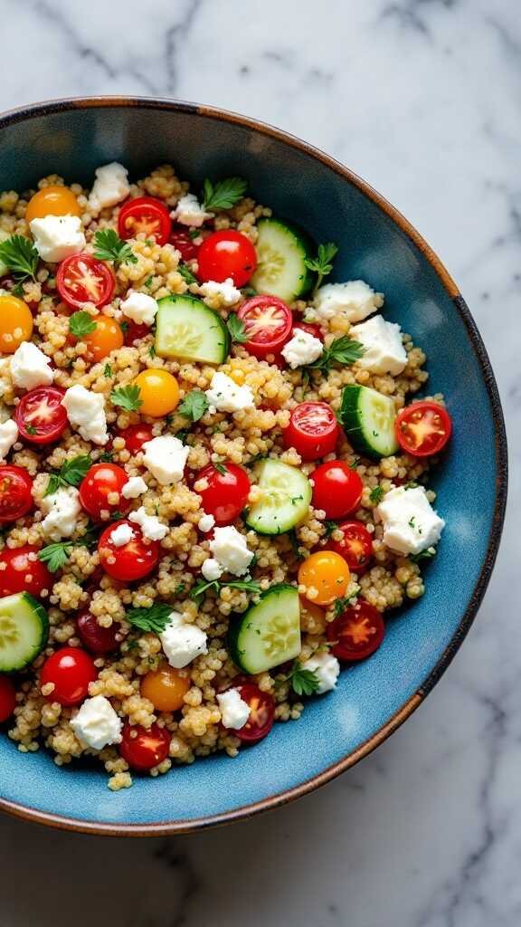 A colorful Mediterranean quinoa salad with cherry tomatoes, cucumbers, and feta cheese.