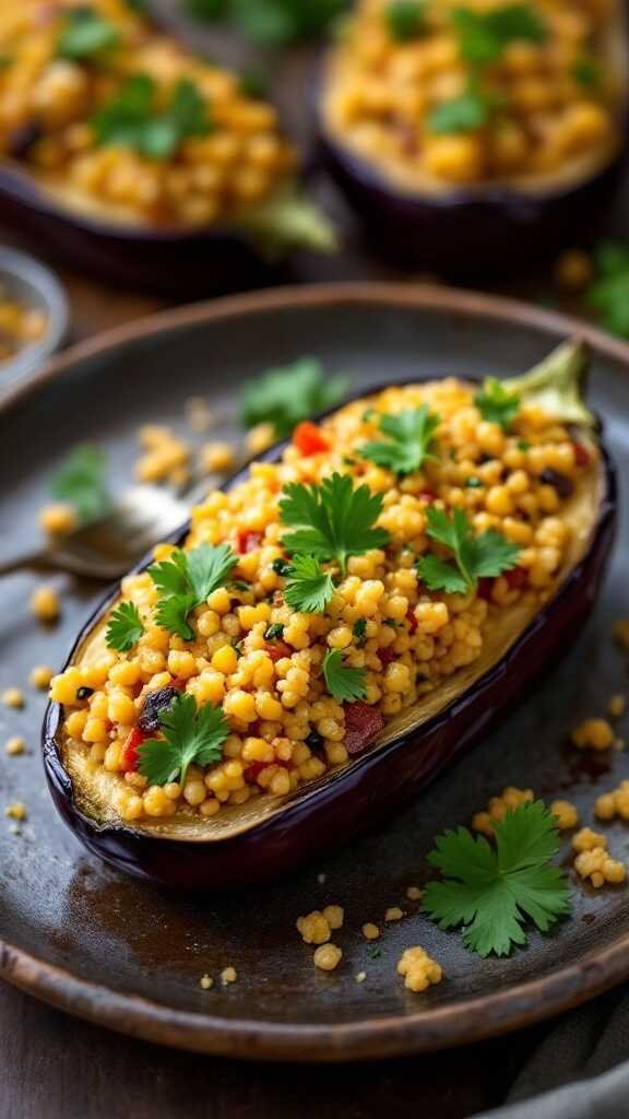 Delicious Mediterranean Quinoa Stuffed Eggplant on a plate garnished with herbs.