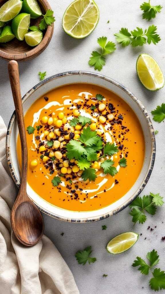 A bowl of Mexican Charred Sweetcorn Soup topped with corn, cilantro, and lime wedges