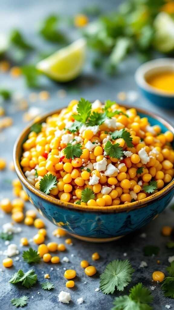 A vibrant bowl of Mexican street corn salad garnished with cilantro and feta cheese.