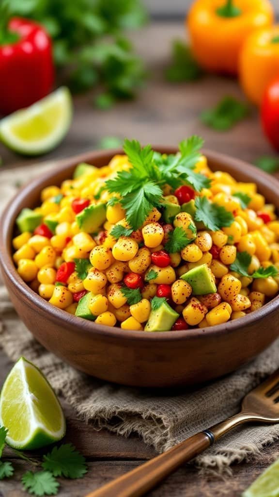 A bowl of colorful Mexican Street Corn Salad with corn, red pepper, avocado, and cilantro.