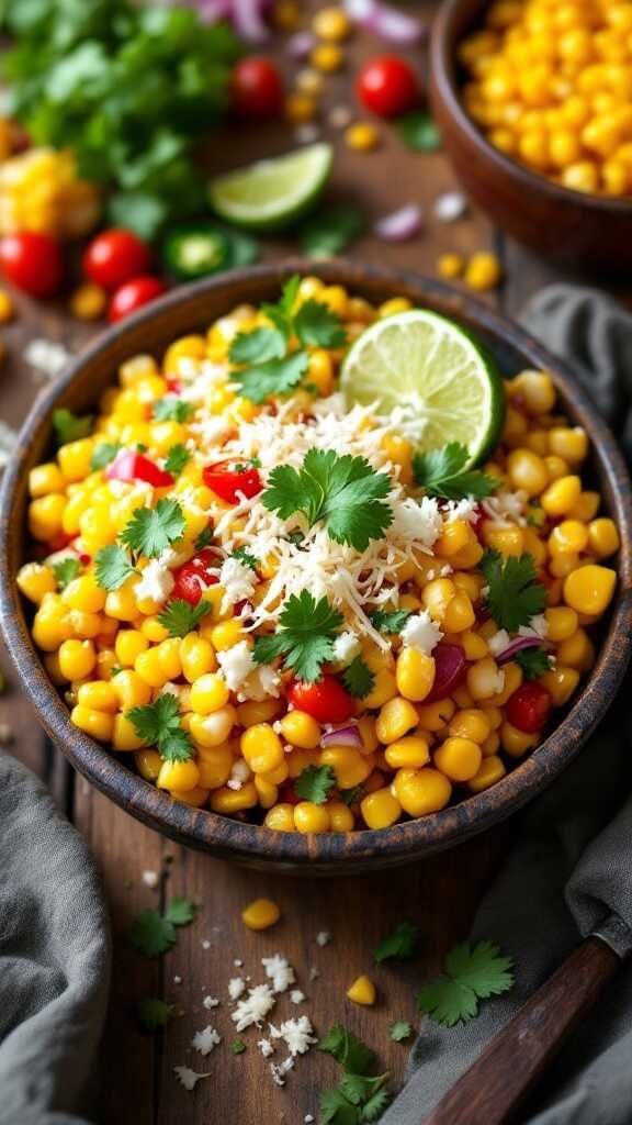 A vibrant bowl of Mexican Street Corn Salad topped with cilantro and lime.