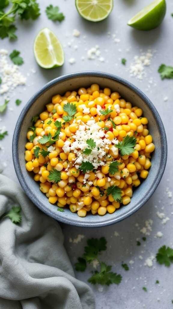 A colorful bowl of Mexican Street Corn Salad with corn, cilantro, and feta cheese.