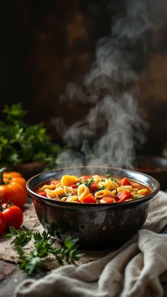 A bowl of steaming minestrone soup with pasta and vegetables