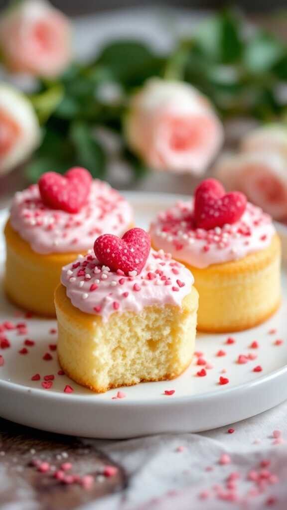 Mini vanilla pound cakes topped with pink frosting and heart-shaped decorations